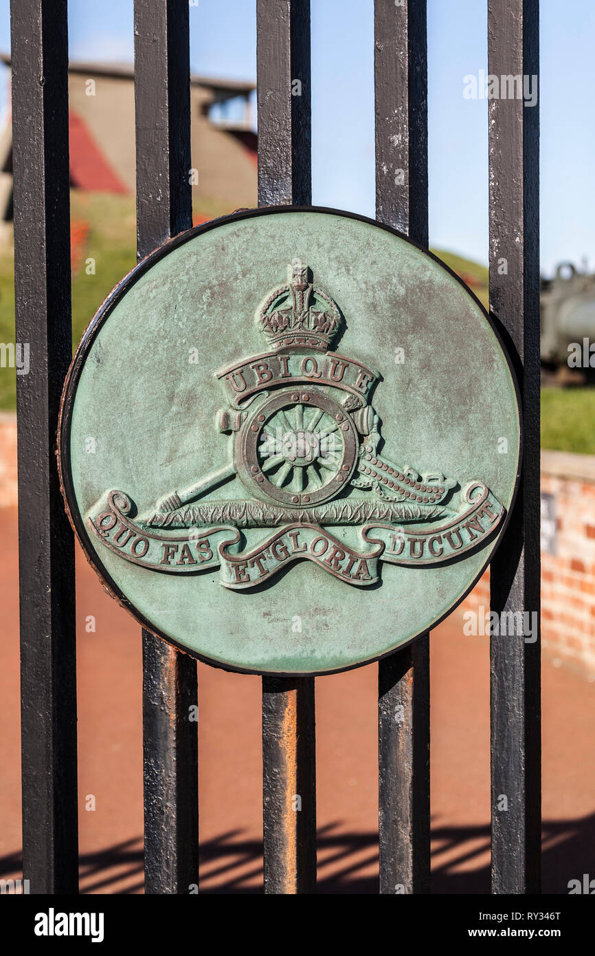 Plaque detailing the motto of The Royal Artillery at the Heugh Gun Battery  in Hartlepool,England,UK Stock Photo