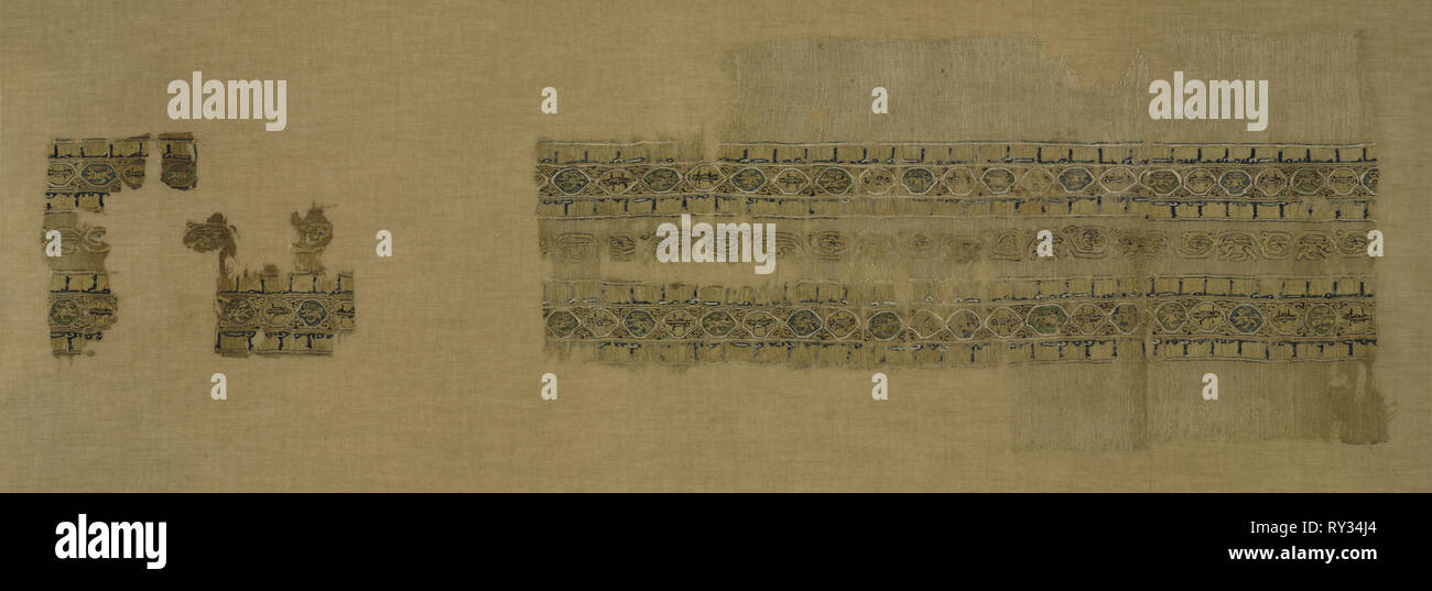 Tiraz with gold, 1094 - 1101. Egypt, Fatimid period, reign of Caliph al-Musta‘lī, 1094–1101. Plain weave with inwoven tapestry weave: linen, silk, and gold filé; overall: 21.6 x 55.6 cm (8 1/2 x 21 7/8 in Stock Photo