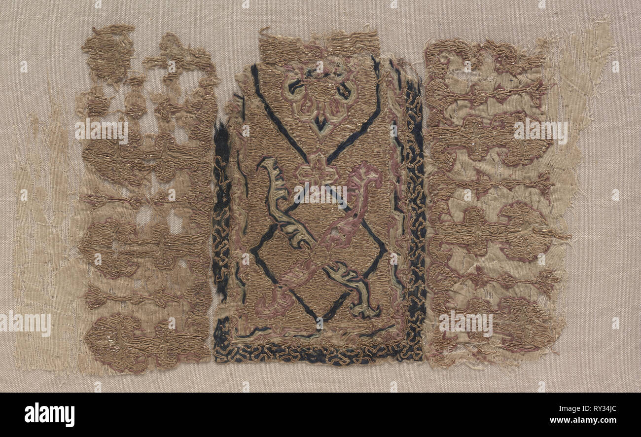 Fragment of an Embroidery, 1100s. Iran or Iraq, Seljuk period, 12th century  A.D.. Embroidery in silk and gold filé on mulham tabby ground; overall:  14.6 x 8 cm (5 3/4 x 3 1/8 in Stock Photo - Alamy