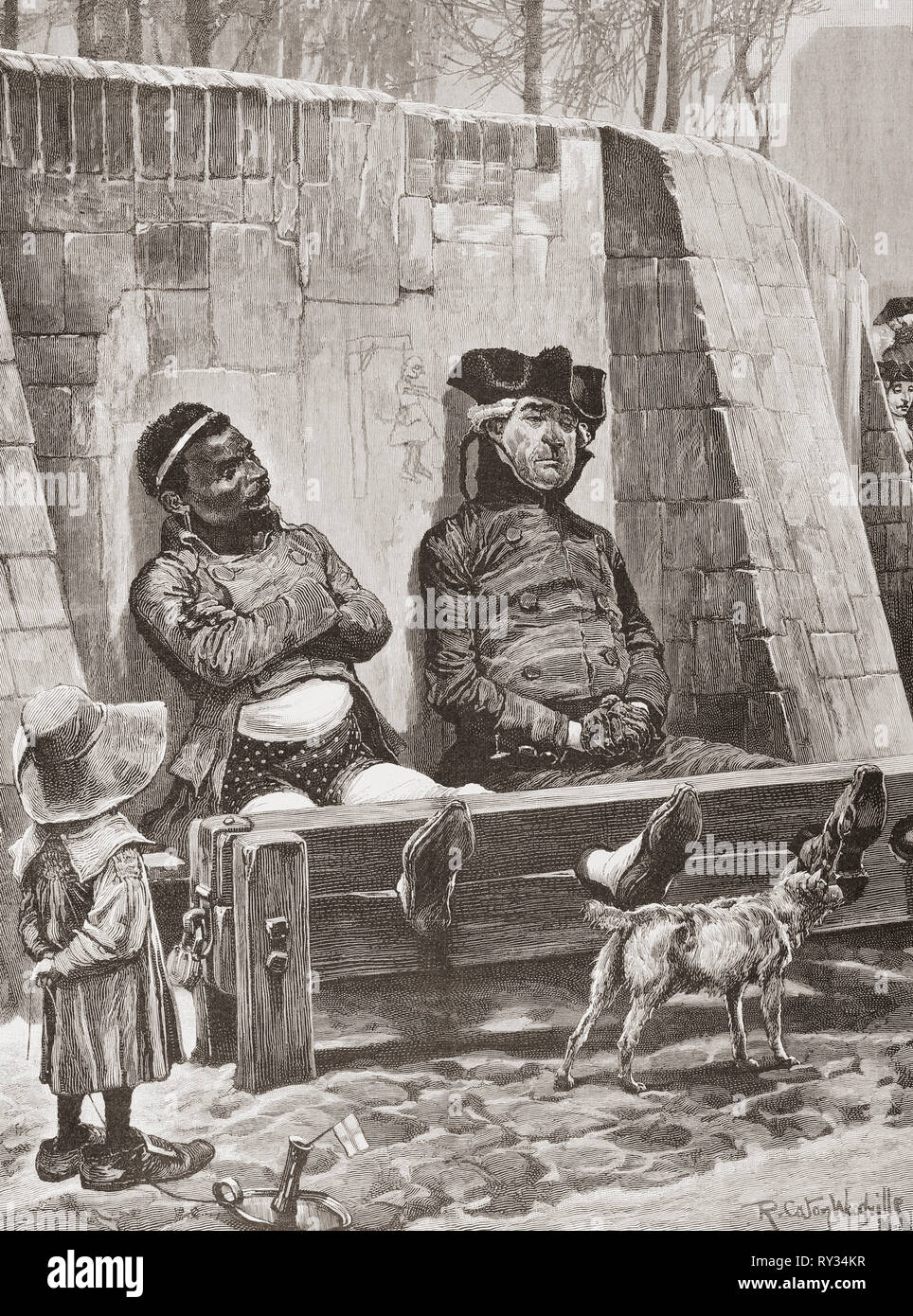 Two criminals in the stocks.   From Ilustracion Artistica, published 1887. Stock Photo