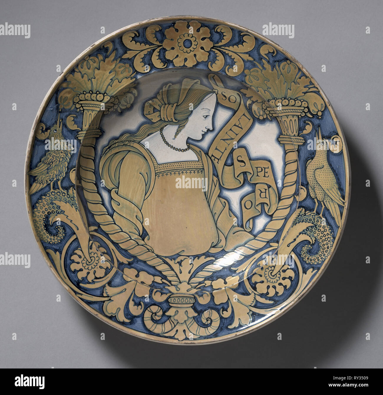 Plate, c. 1520. Italy, Deruta, 16th century. Tin-glazed earthenware (maiolica); diameter: 39.4 cm (15 1/2 in Stock Photo