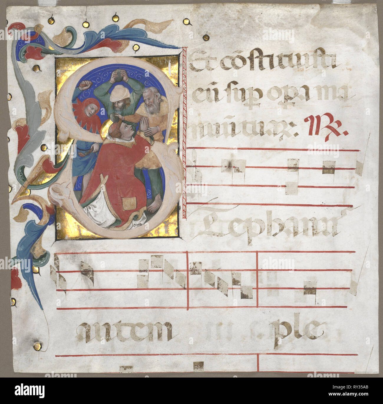 Fragment of an Antiphonary with Historiated Initial (S): The Stoning of St. Stephen, c. 1370-1372. Nicolò da Bologna (Italian, c. 1325-1403). Ink, tempera, and gold on parchment; sheet: 33 x 33 cm (13 x 13 in Stock Photo