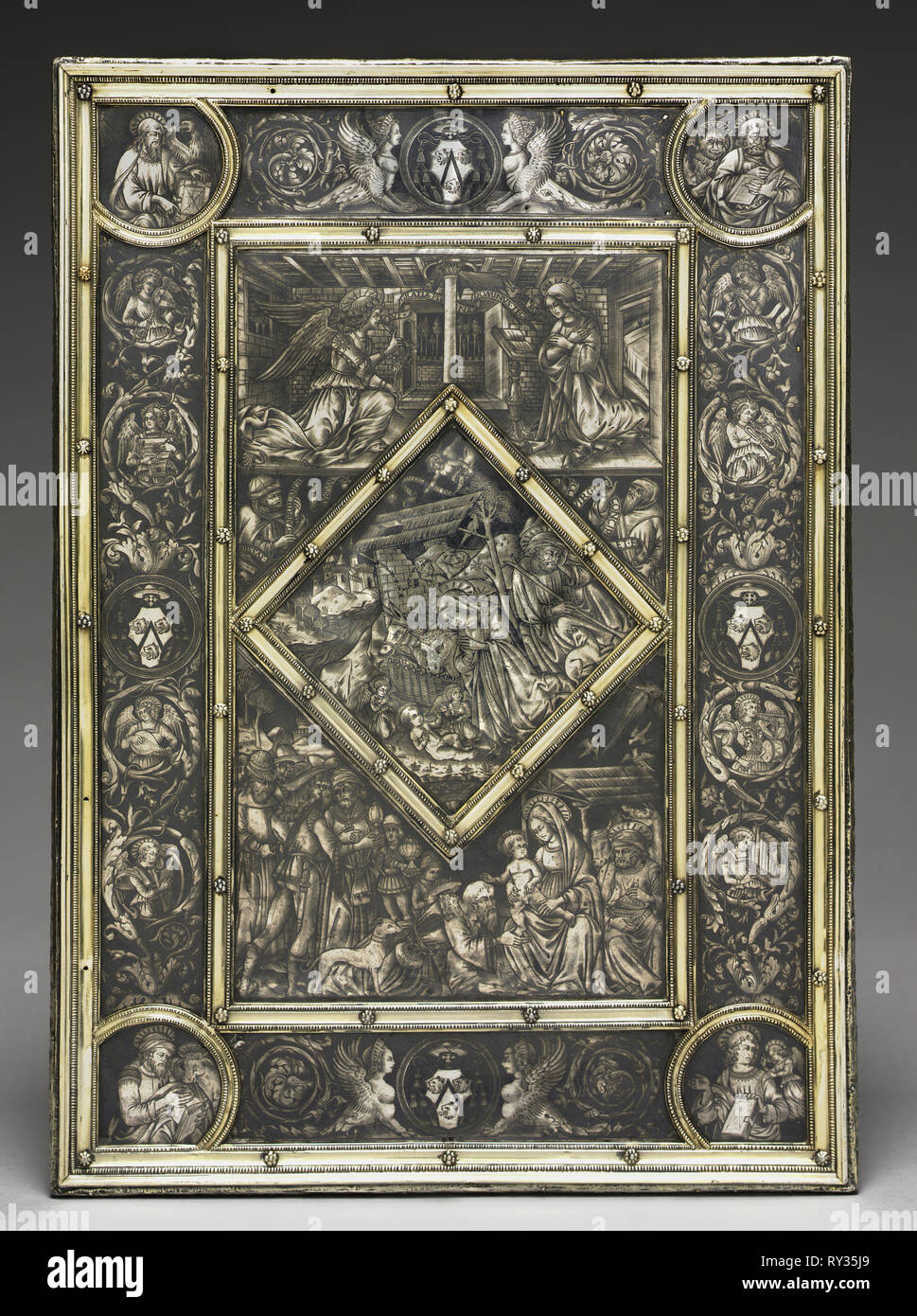 Front Cover for a Gospel Book of French Cardinal Jean La Balou (1421-1491), c. 1467-1468. Italy, Florence, 15th century. Nielloed silver plaques within gilt-silver borders; overall: 41.6 x 29.6 x 1.6 cm (16 3/8 x 11 5/8 x 5/8 in Stock Photo