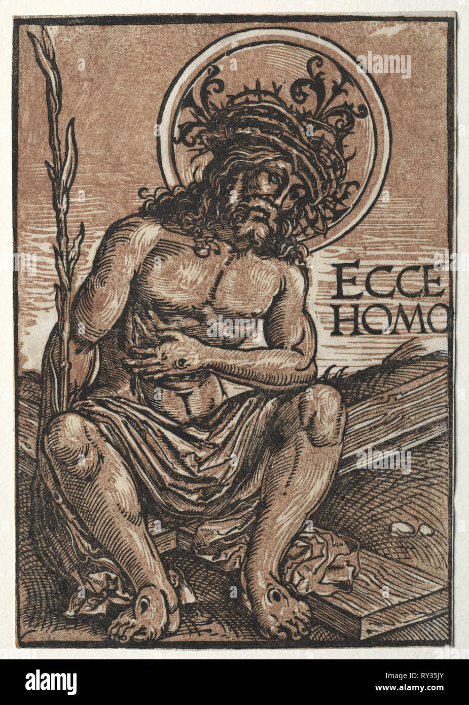 Man of Sorrows Seated on the Cross, c. 1522. Hans Weiditz (German, c. 1495-c. 1536). Chiaroscuro woodcut Stock Photo