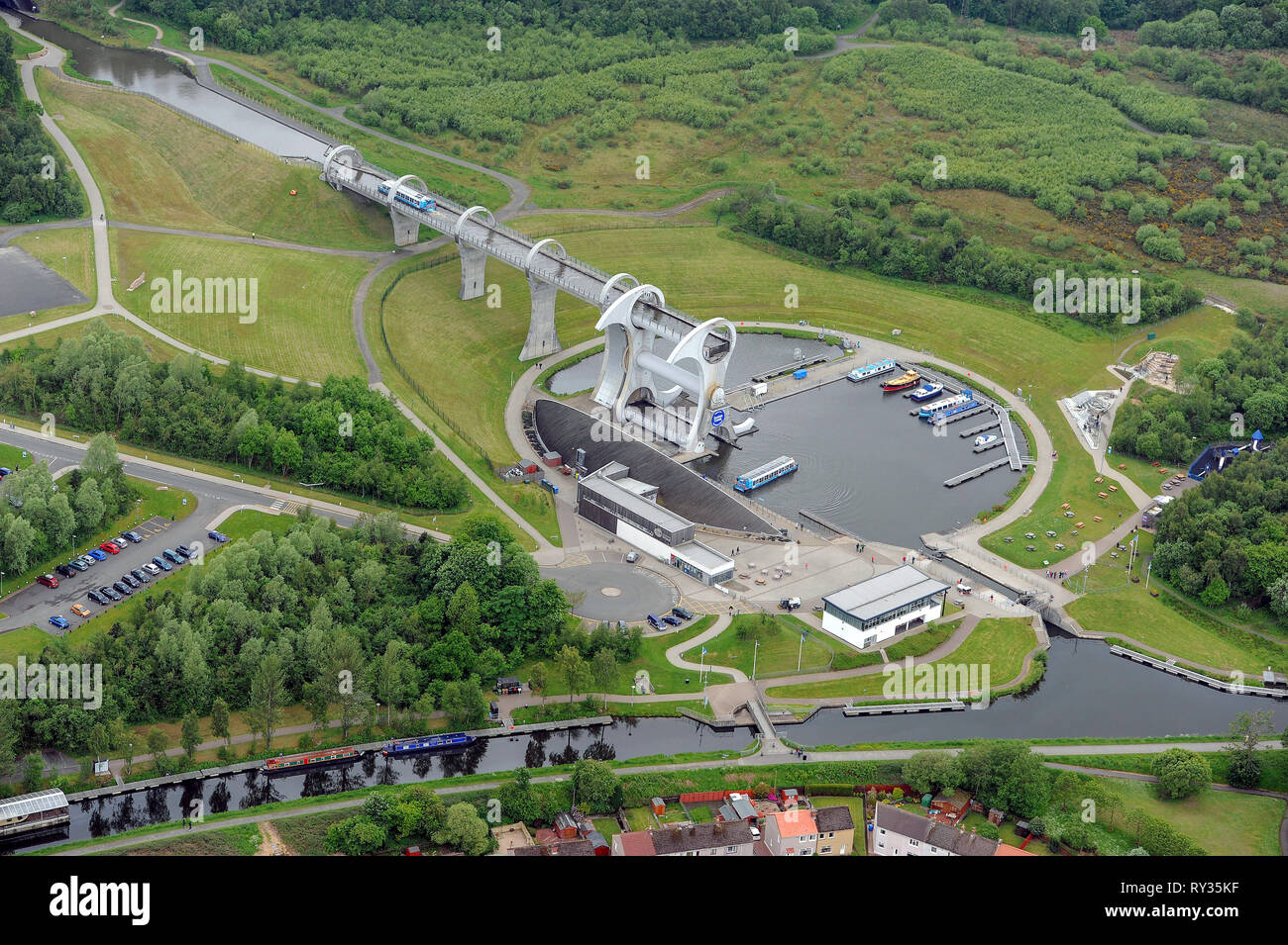 Aerial view of the Falkirk Wheel which connects the Forth & Clyde canal with the Union canal near Falkirk Scotland. Stock Photo