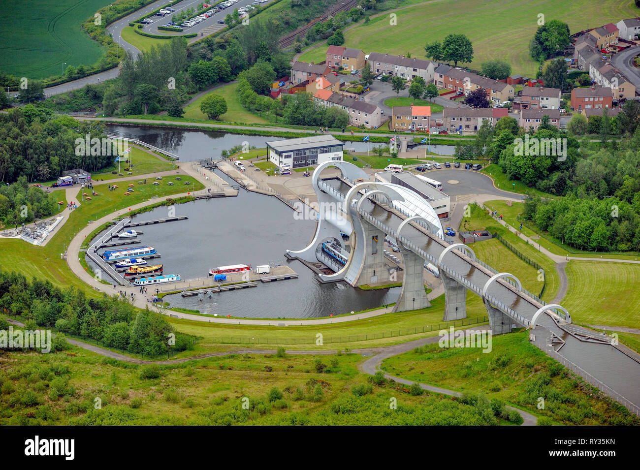 Aerial view of the Falkirk Wheel which connects the Forth & Clyde canal with the Union canal near Falkirk Scotland. Stock Photo