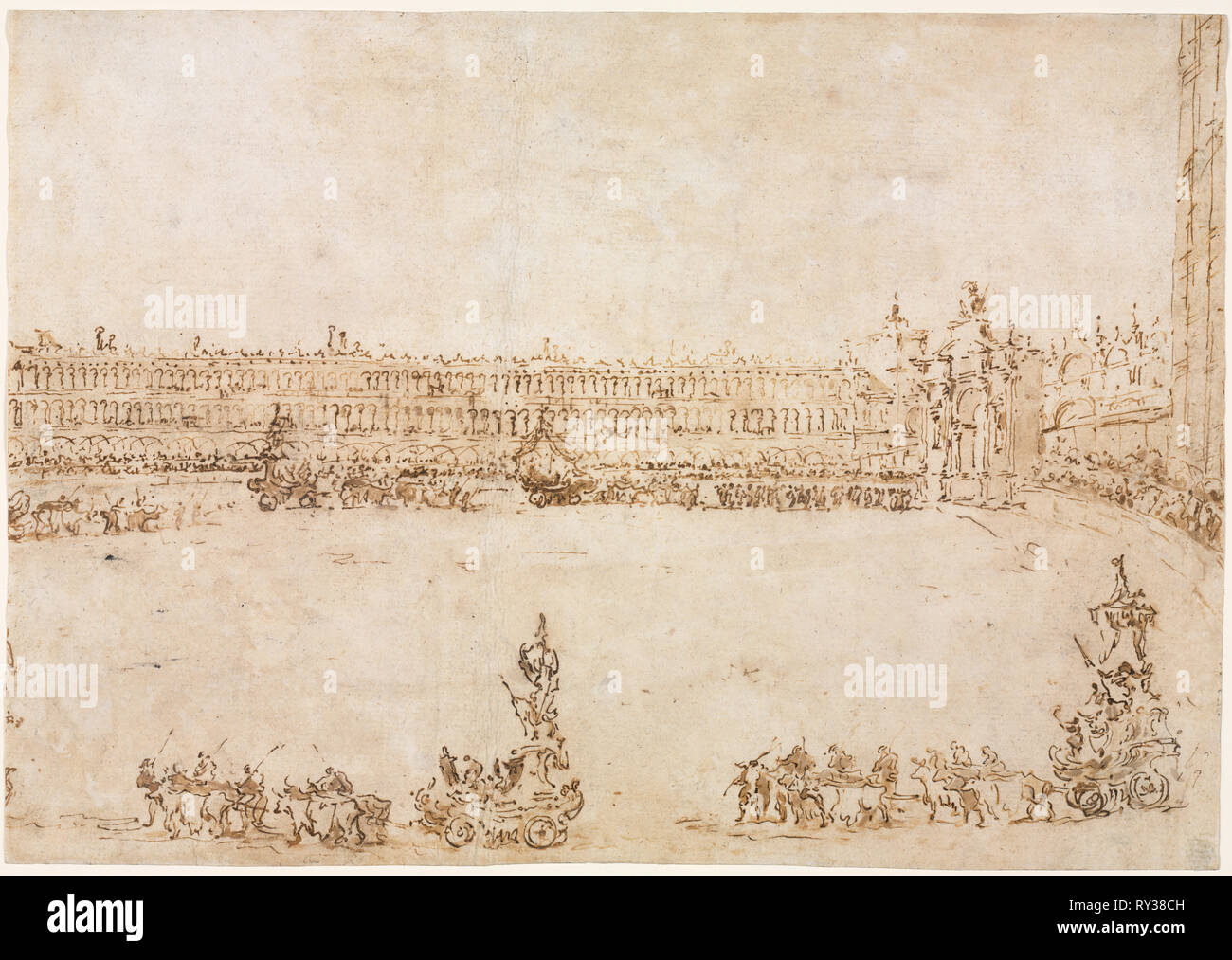 A Procession of Triumphal Cars in the Piazza San Marco, Venice, Celebrating the Visit of the Conti del Nord (recto) Three Sketches of Arches (verso), 1782. Francesco Guardi (Italian, 1712-1793). Pen and brown ink with brush and brown wash; sheet: 25.9 x 36.8 cm (10 3/16 x 14 1/2 in Stock Photo