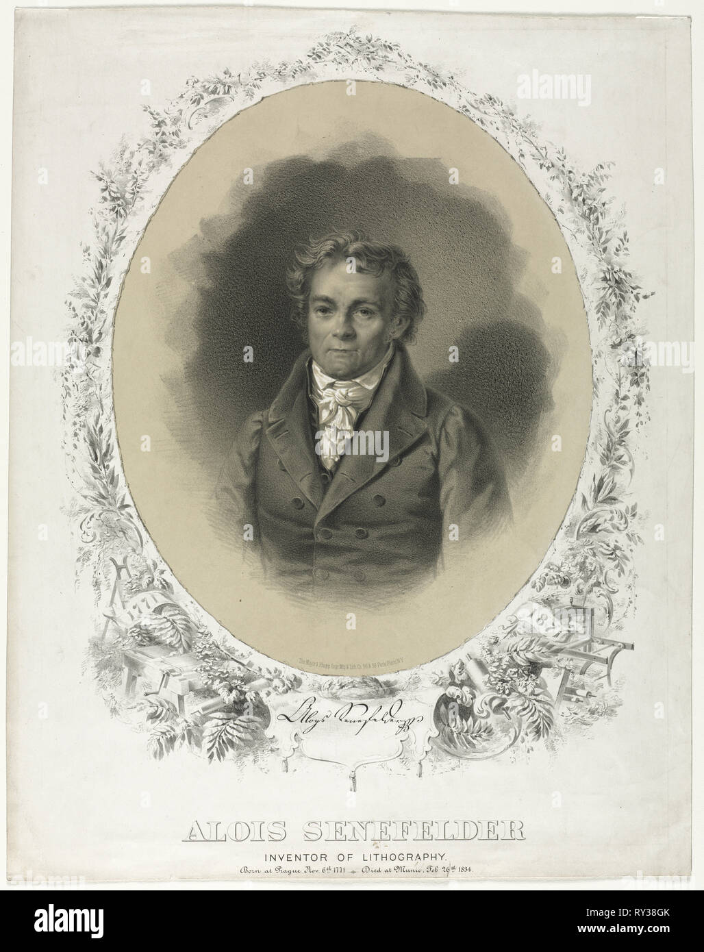 Alois Senefelder, 1871. Joseph F. Knapp (American), and Henry B. Major (American). Lithograph Stock Photo