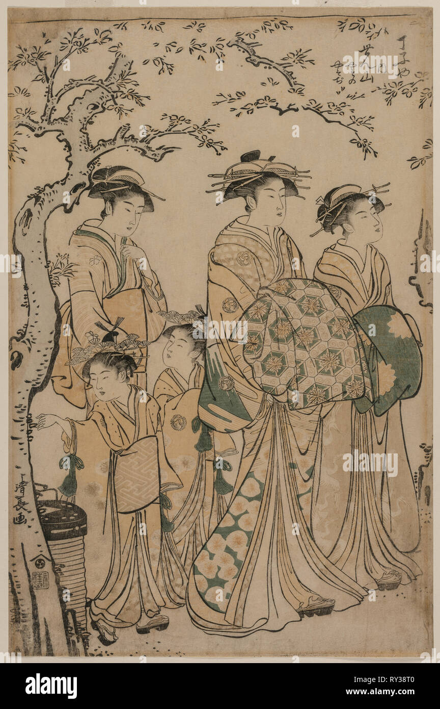 The Courtesan Senzan of Chojiya Strolling with her Kamuro Yasono and Yasoji and Two Shinzo, 1786. Torii Kiyonaga (Japanese, 1752-1815). Color woodblock print; sheet: 38.2 x 25.2 cm (15 1/16 x 9 15/16 in Stock Photo