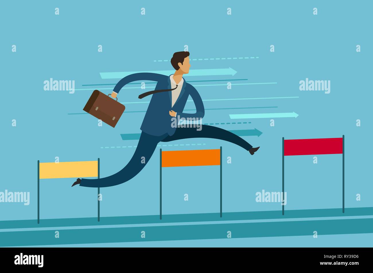Businessman jumping over hurdle. Goal achievement business concept. Vector illustration Stock Vector