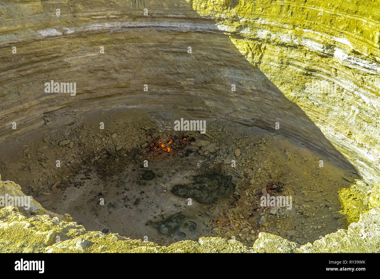 Darvaza Mud Volcano Crater Pit Close Up View Stock Photo