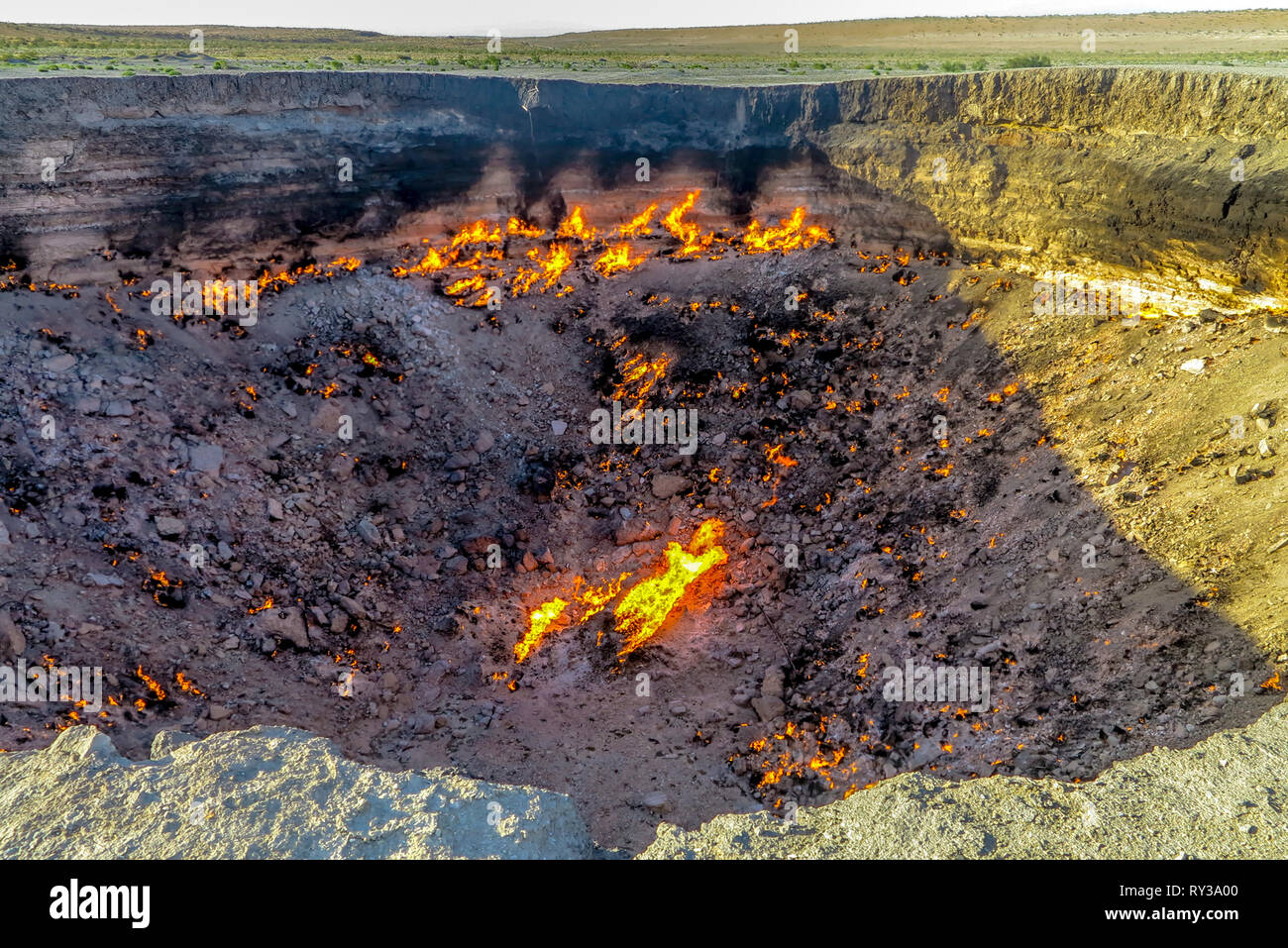 Darvaza Gas Crater Pit Breathtaking Close Up Flames View Stock Photo