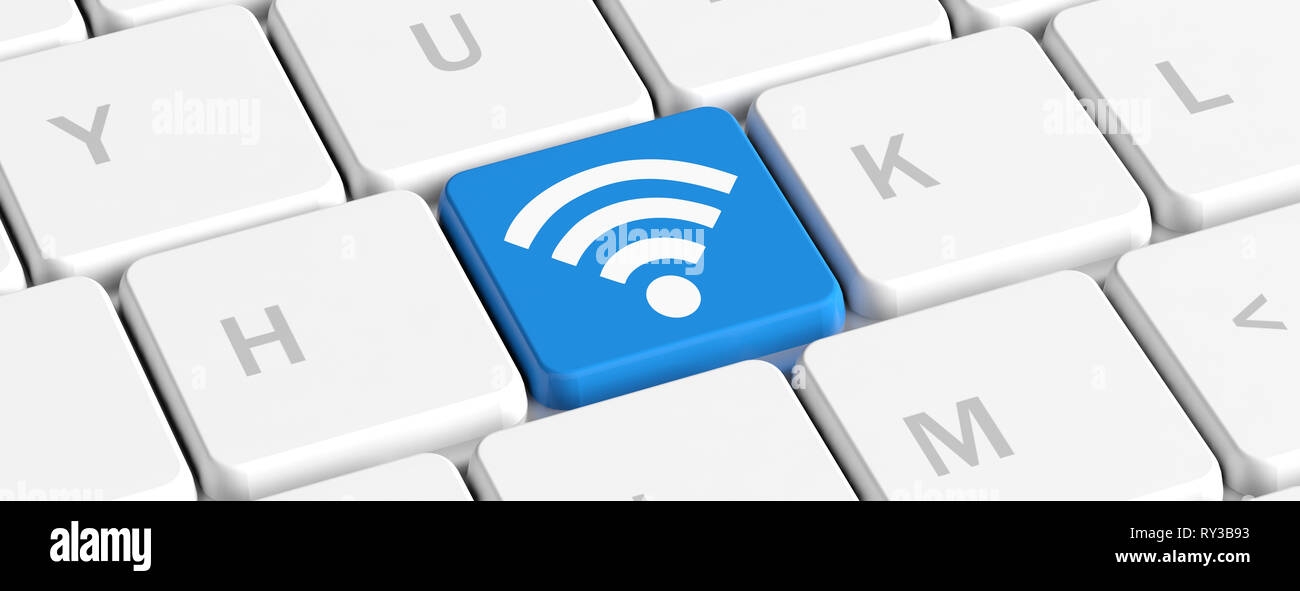 Wi-Fi wireless internet concept. Blue key button with wifi sign on a computer keyboard, banner. 3d illustration Stock Photo