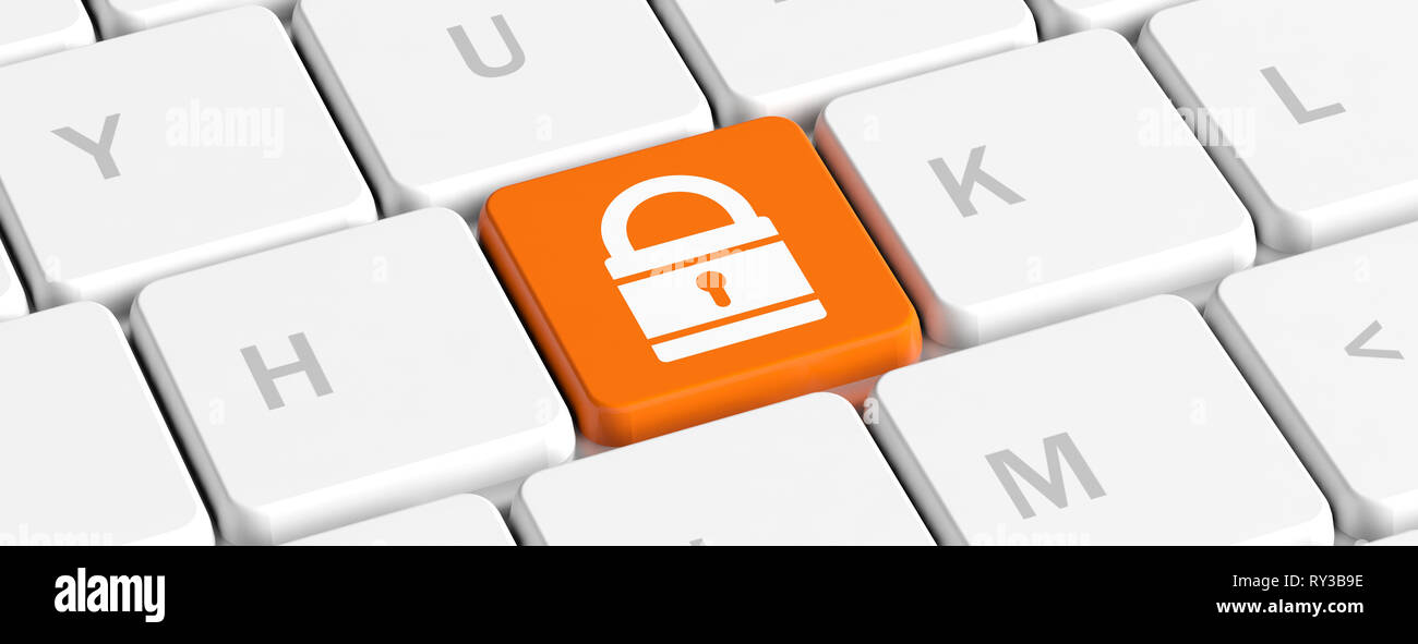 Computer security, lock concept. Padlock icon on a computer keyboard, banner. 3d illustration Stock Photo
