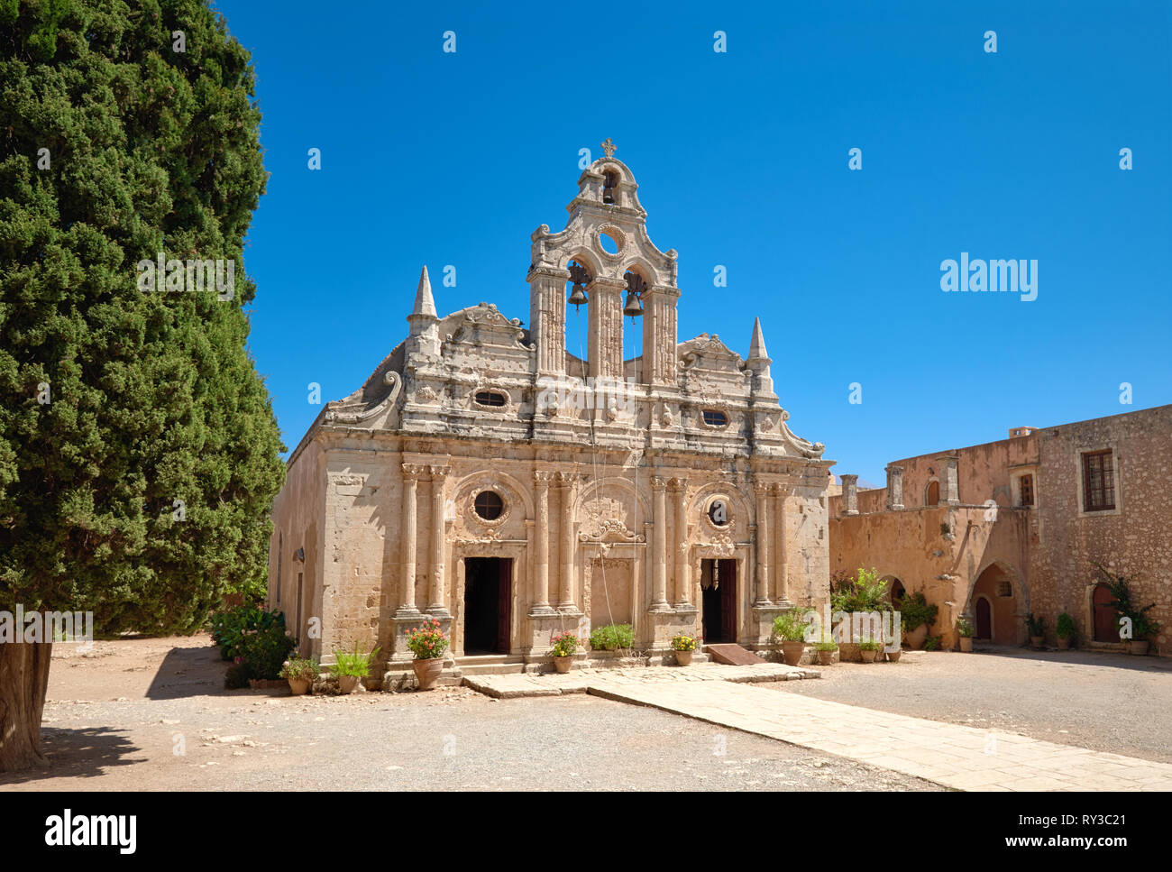 The main church of Arkadi Monastery in Rethymno, Crete island, Greece Stock Photo