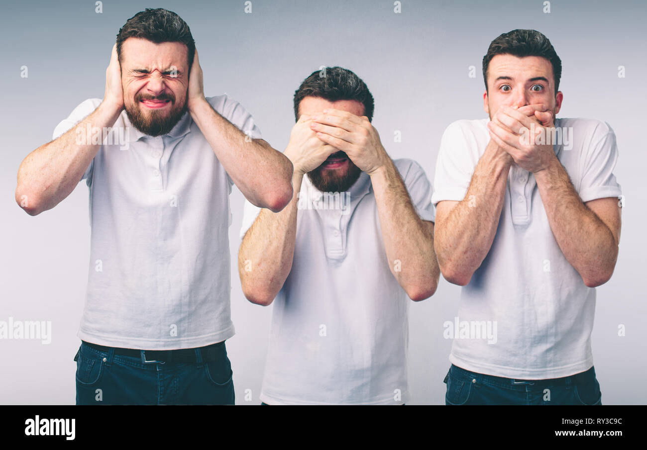 Isolated studio shot of a Caucasian woman in the See No Evil, Hear No Evil, Speak No Evil poses Stock Photo