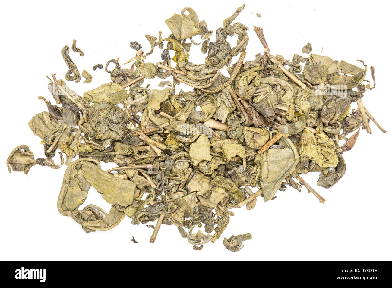 Green Tea Stack Lot of pieces of dry green tea stack flatlay isolated on white ...