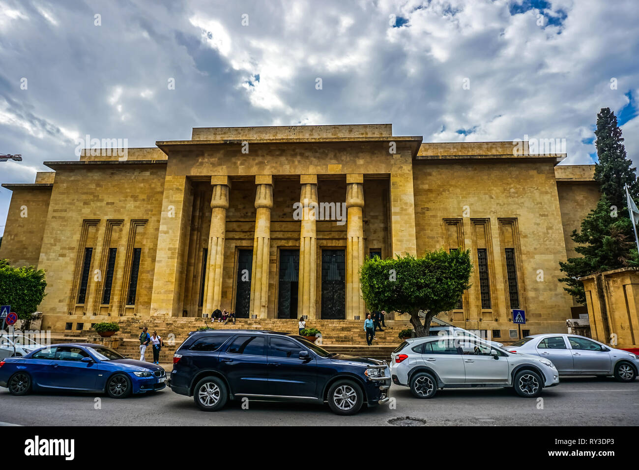 Beirut National Archeological Artifacts Museum Front View with Traffic Stock Photo
