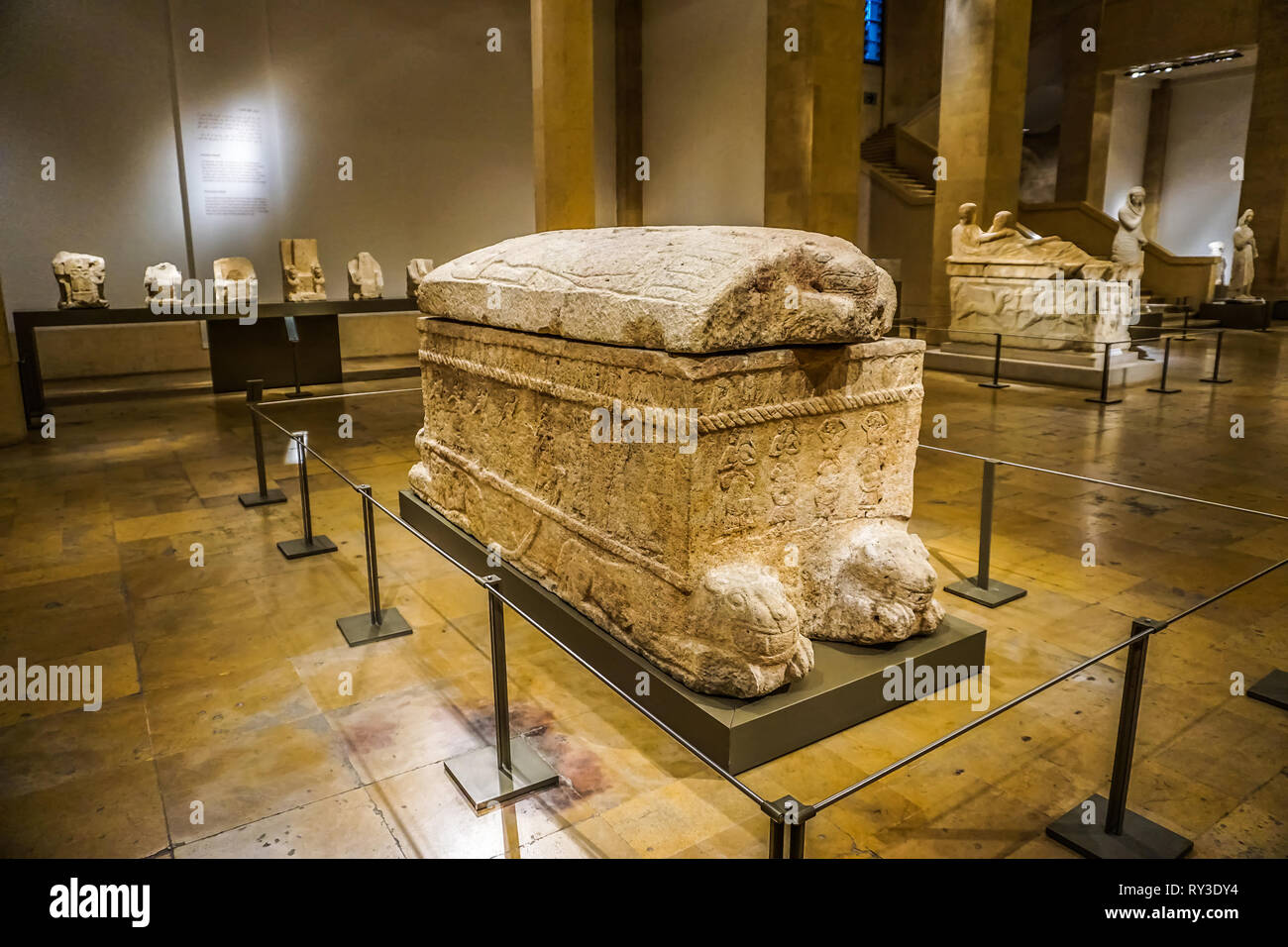 Beirut National Archeological Artifacts Museum Stone Coffin Stock Photo