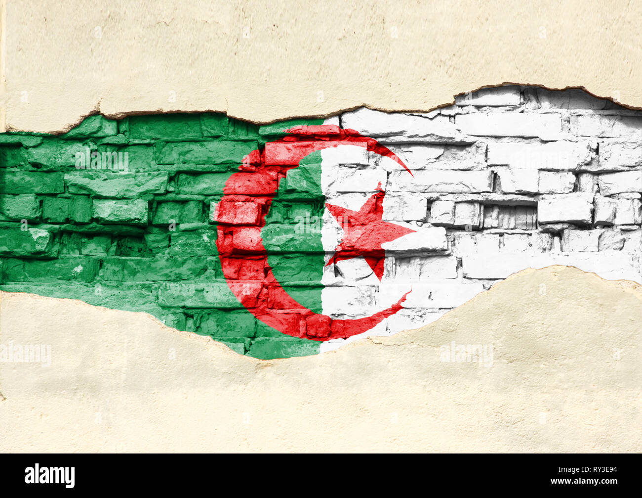 National flag of Algeria on a brick background. Brick wall with ...
