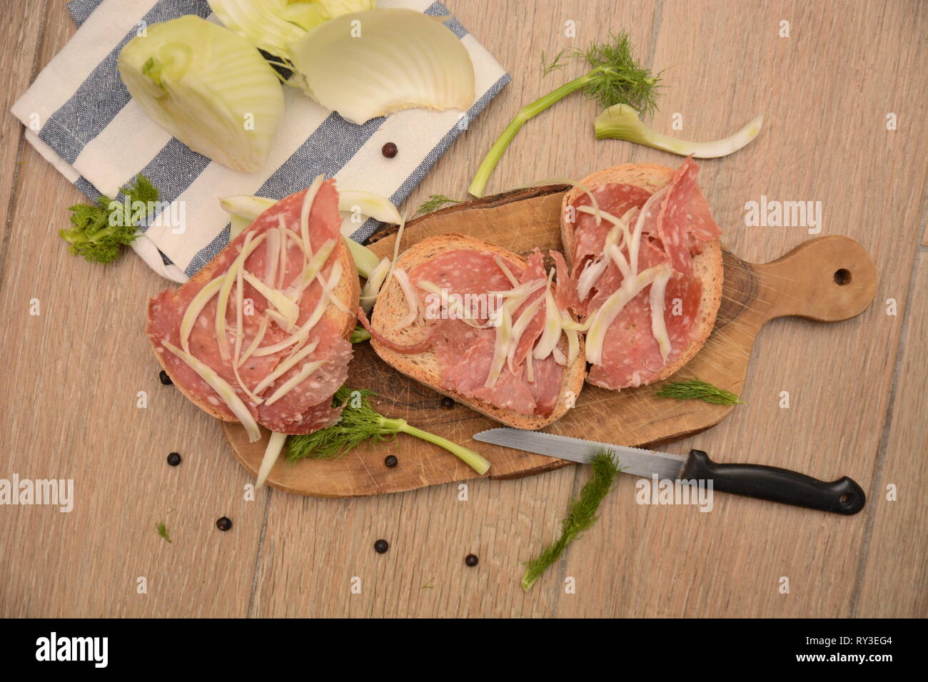 italian bread crostoni with finocchiona salami tuscany food italy Stock Photo