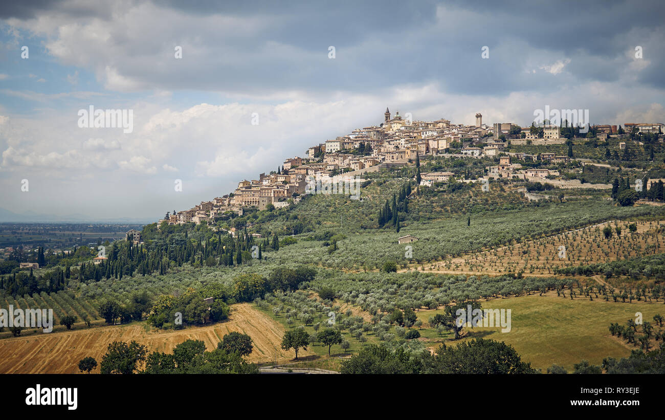 Aerial view of the medieval town of Trevi in Umbria (Italy). Landscape ...