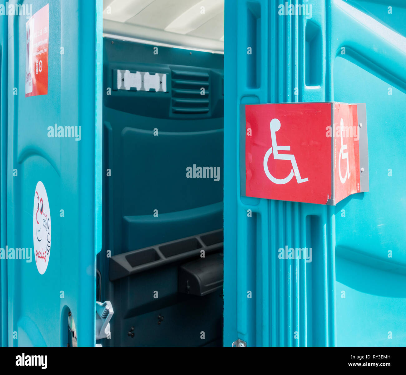 toilet with wheelchair access at music festival. Stock Photo