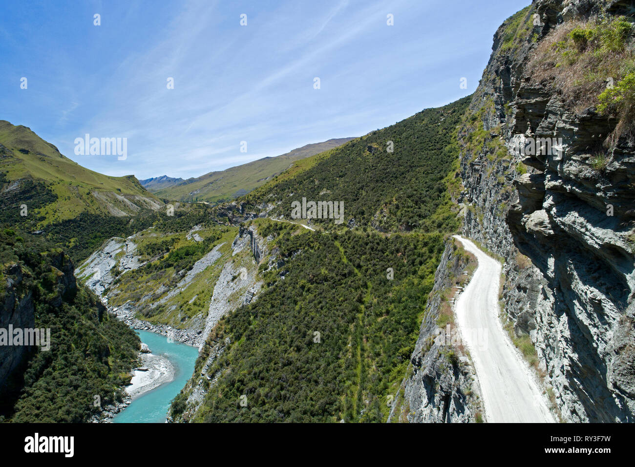 Road into Skippers Canyon, and Shotover River, near Queenstown, South Island, New Zealand - aerial Stock Photo