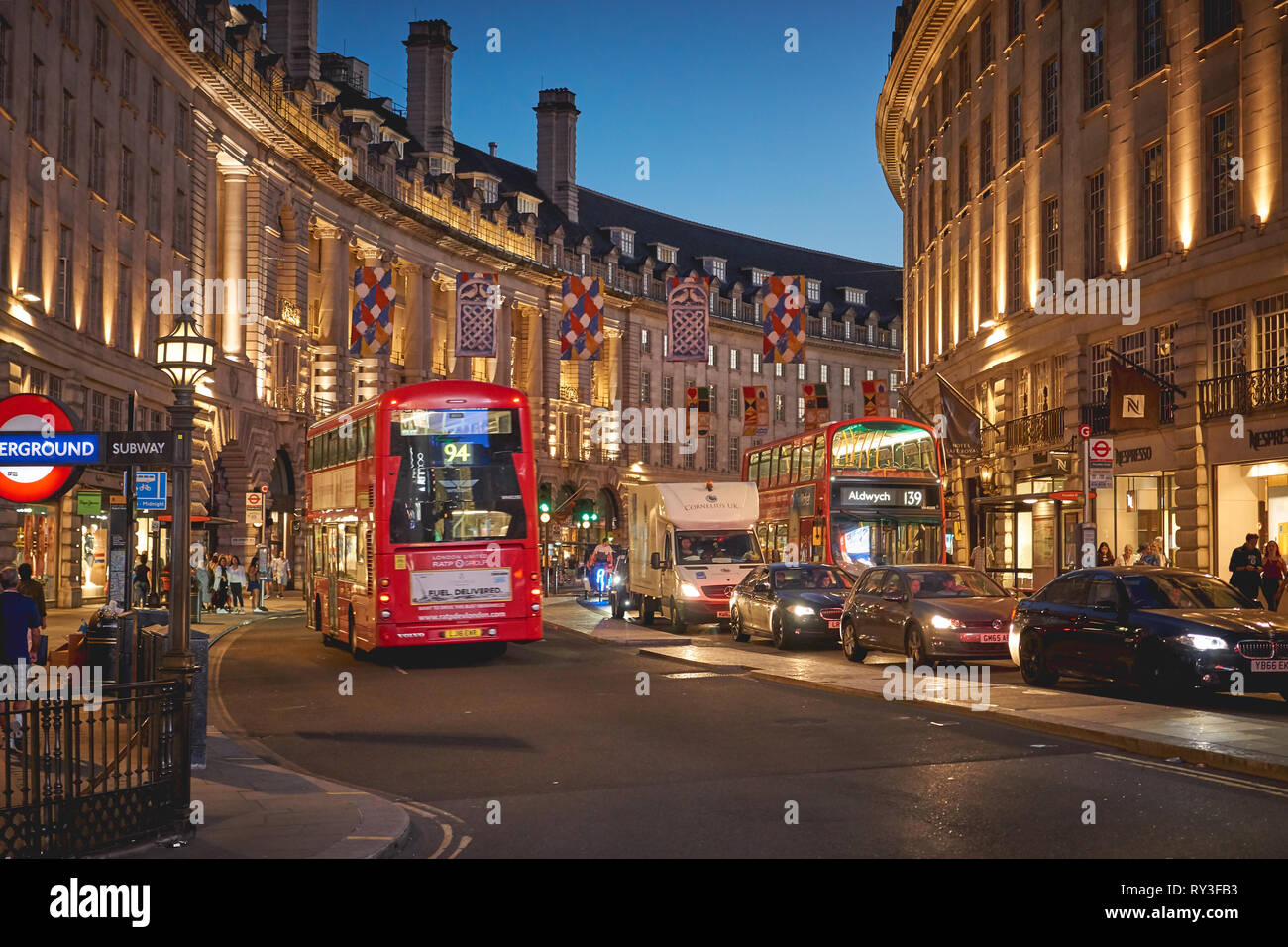 London, UK - August, 2018. Night view of Regent Street and Piccadilly Circus. Stock Photo