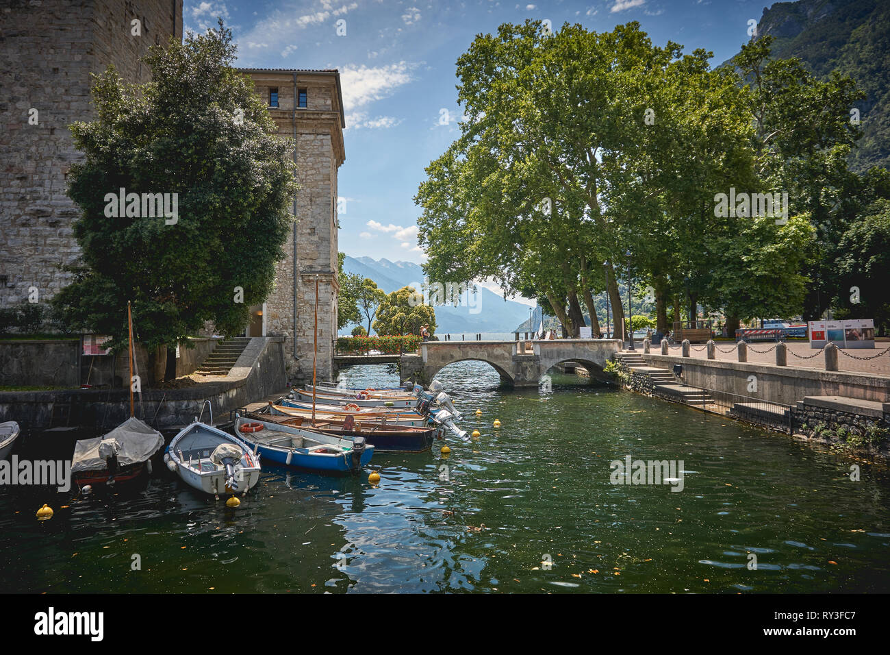 Riva del Garda, Italy - August, 2018. View of the old waterfront of the town of Riva del Garda. Stock Photo