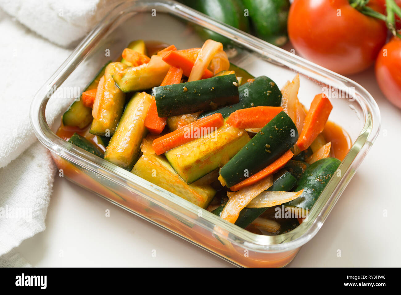 Korea style kimchi pickled cucumbers with carrots salad Stock Photo