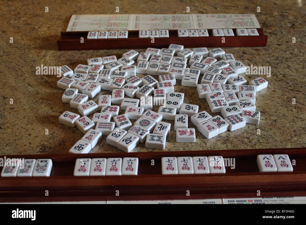 Mah Jongg Game set up two Racks & Tiles Stock Photo