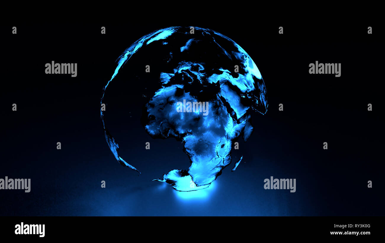 3D holographix globe with blue hue featuring Europe, Africa, Middle East Stock Photo