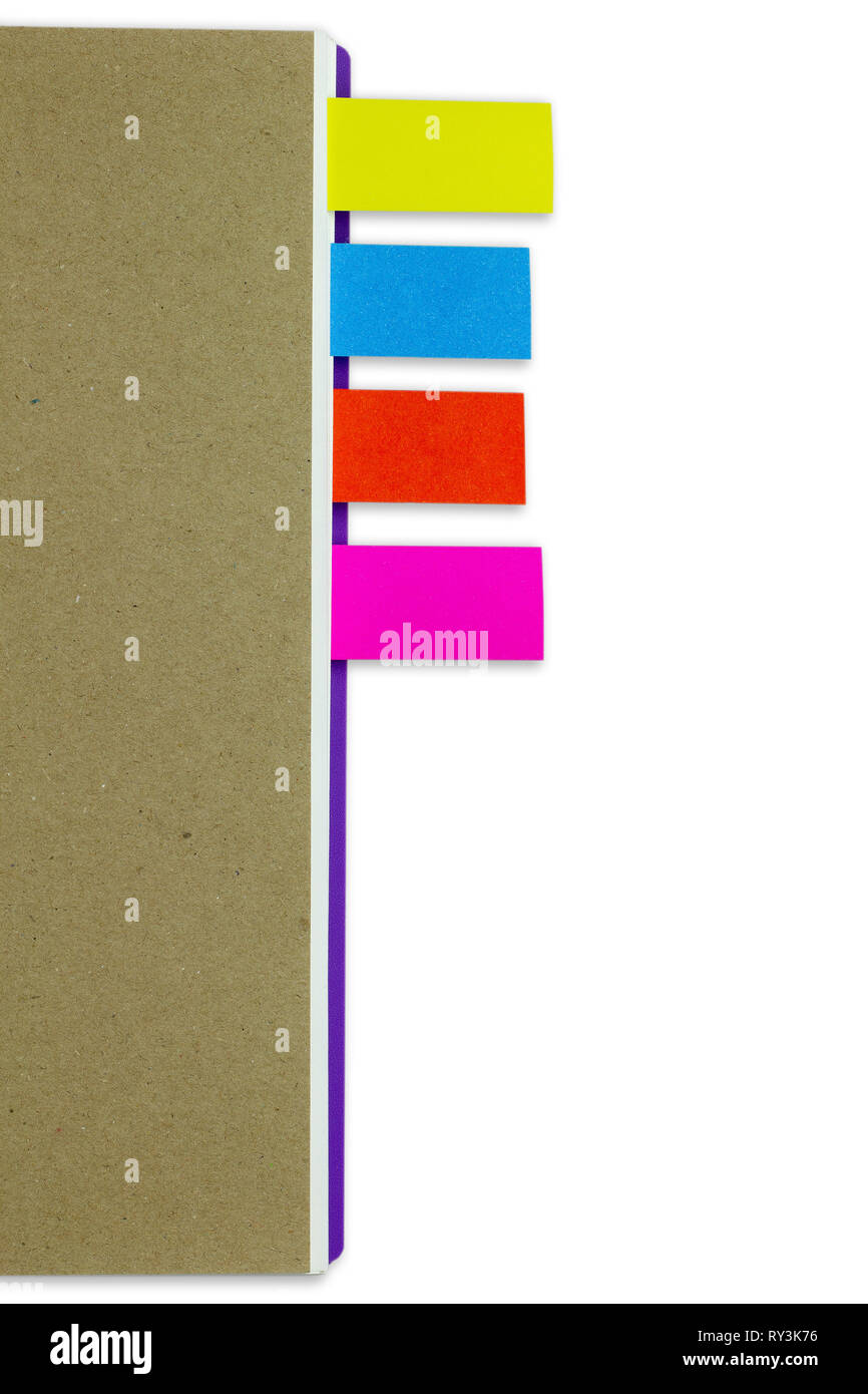 Business notebook brown cover and multi colour bookmark isolated on ...