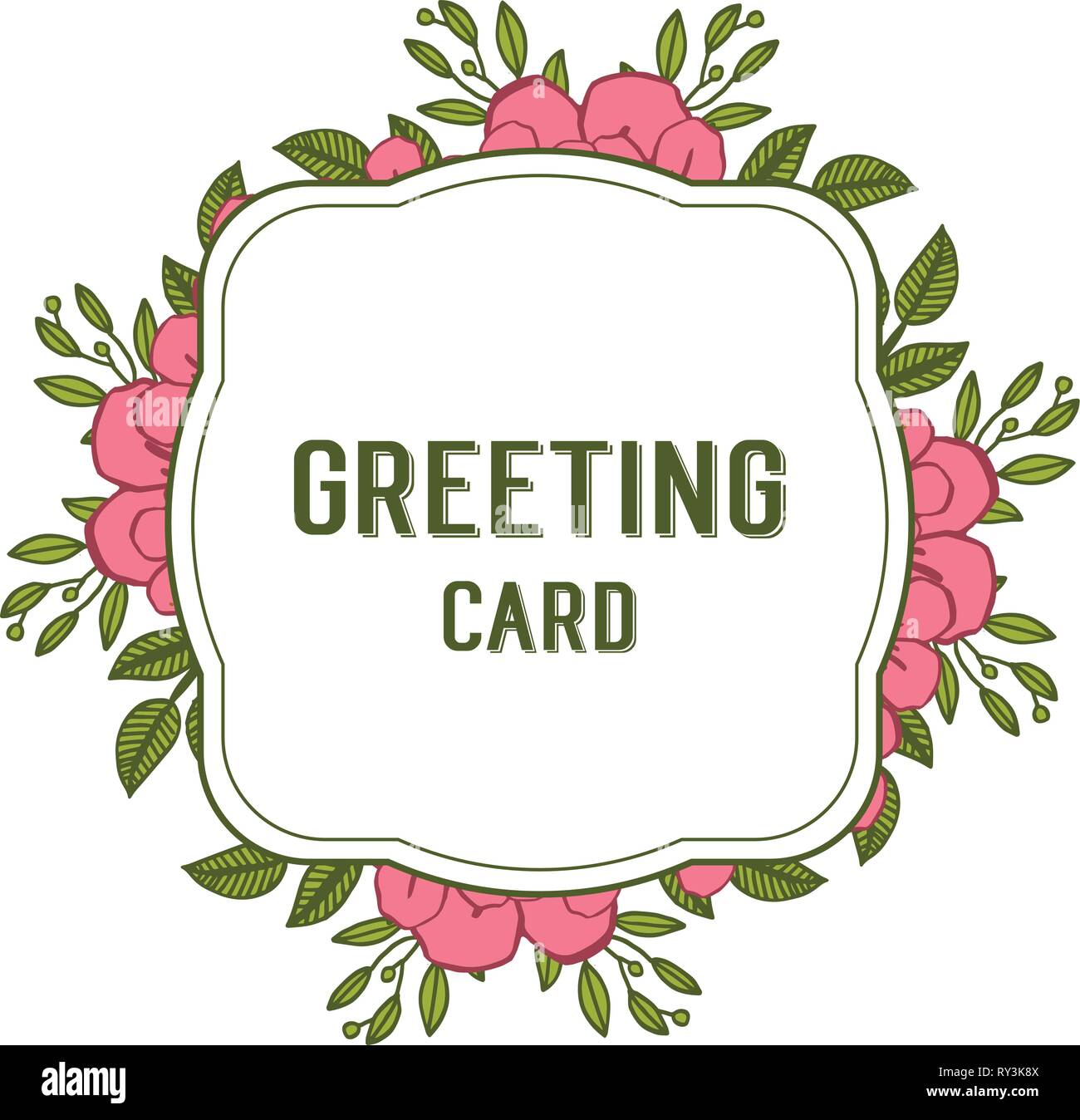 Vector illustration writing of greeting card with pink wreath frame ...