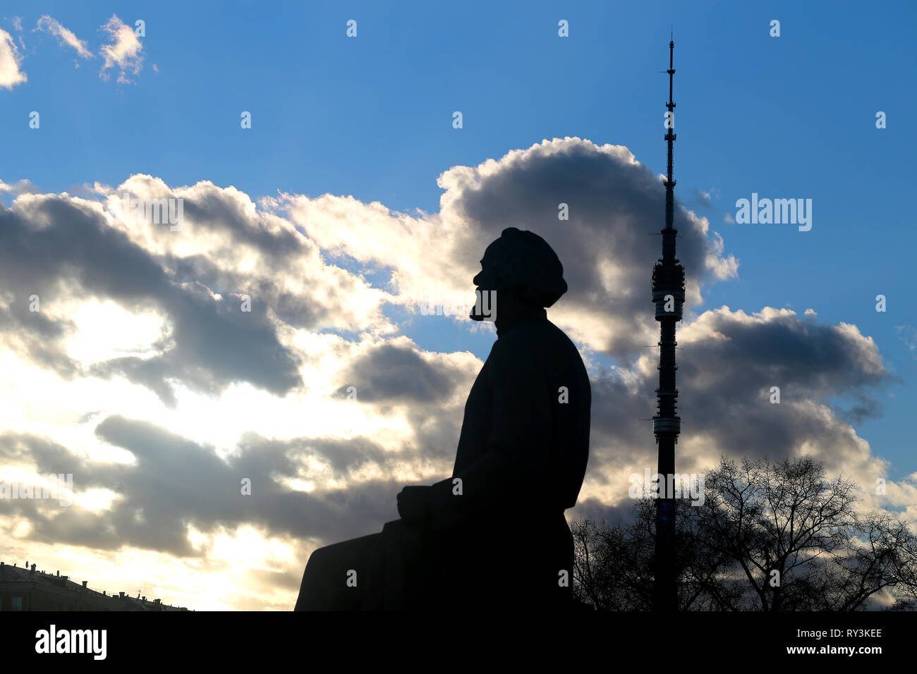 Beautiful photo of a statue of Tsiolkovsky scientist and the Ostankino ...