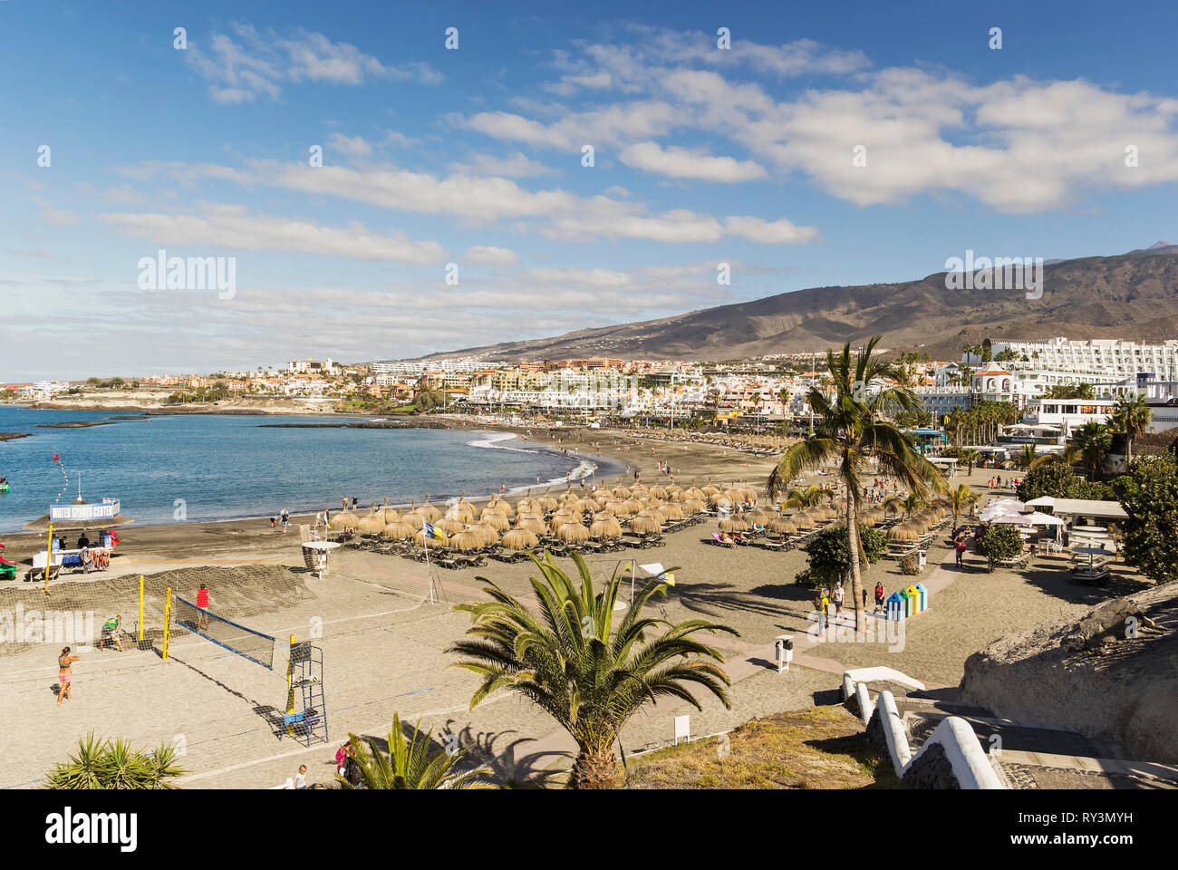Playa de Torviscas and Playa de Fanabe beside Costa Adeje, Tenerife with  beach volleyball and watersport facilities Stock Photo - Alamy