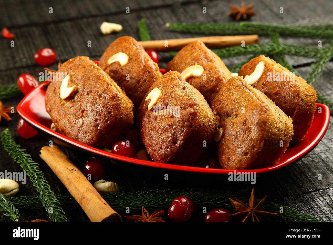 Healthy breakfast  table setting- fresh baked homemade sweet dry fruits and nuts cakes. Stock Photo
