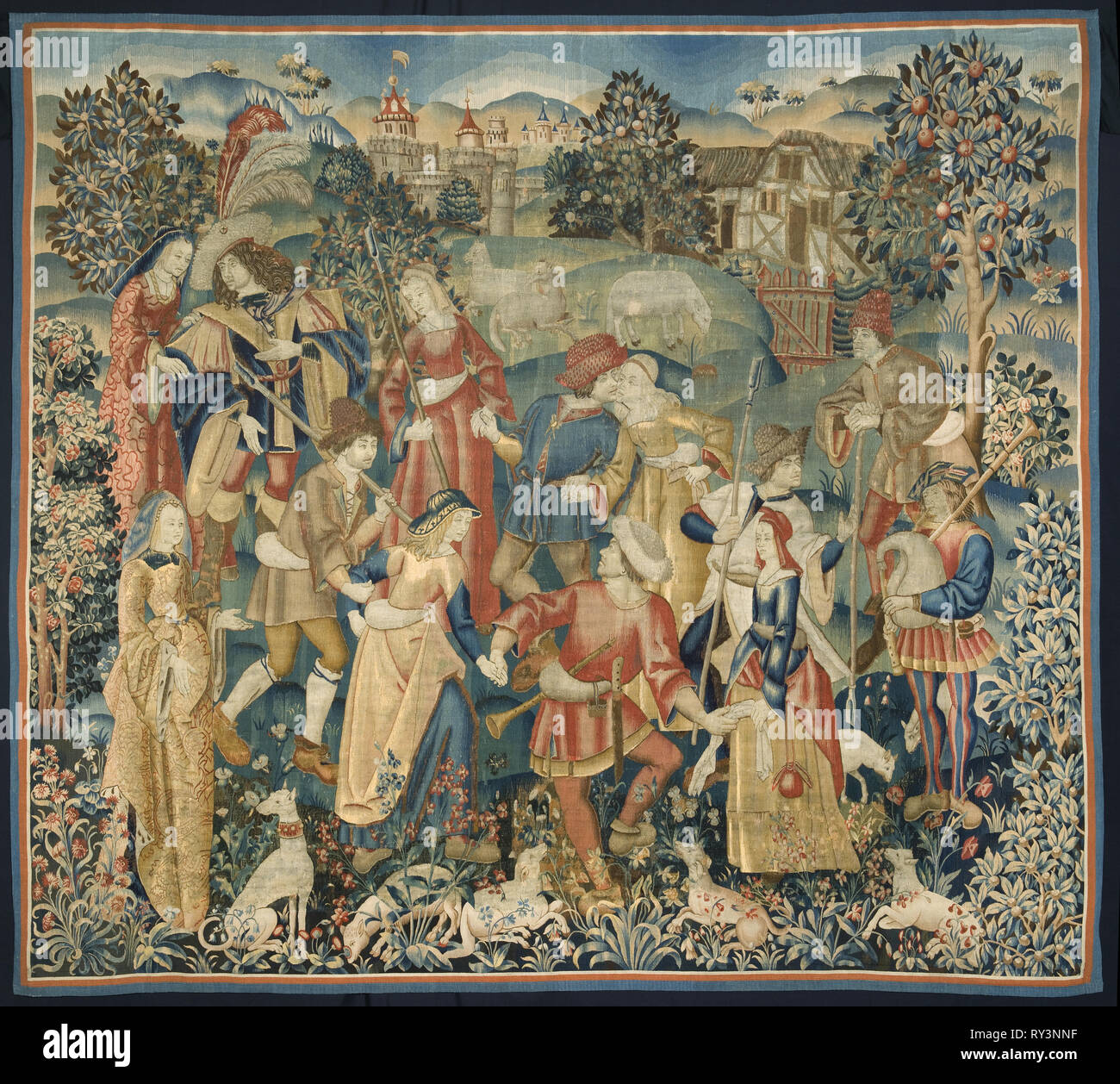 Shepherds in a Round Dance, around 1500. Netherlands, early 16th century. Tapestry weave: wool and silk; overall: 360.5 x 401.1 cm (141 15/16 x 157 15/16 in Stock Photo