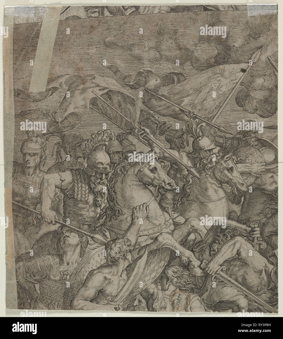 Battle of the Milvian Bridge (fragment) (verso), 1500s. Italy, 16th century. Etching; sheet: 27.4 x 24.4 cm (10 13/16 x 9 5/8 in Stock Photo