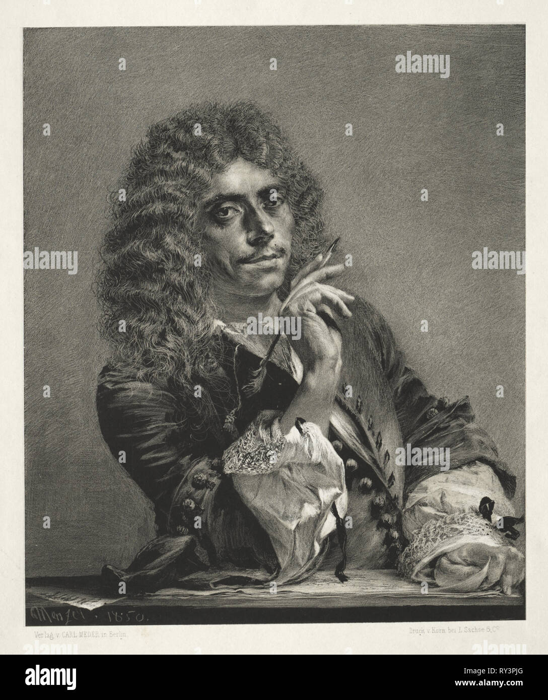 Essay on Stone with Brush and Scraper:  Portrait of Molière, 1850. Adolph von Menzel (German, 1815-1905). Lithograph Stock Photo