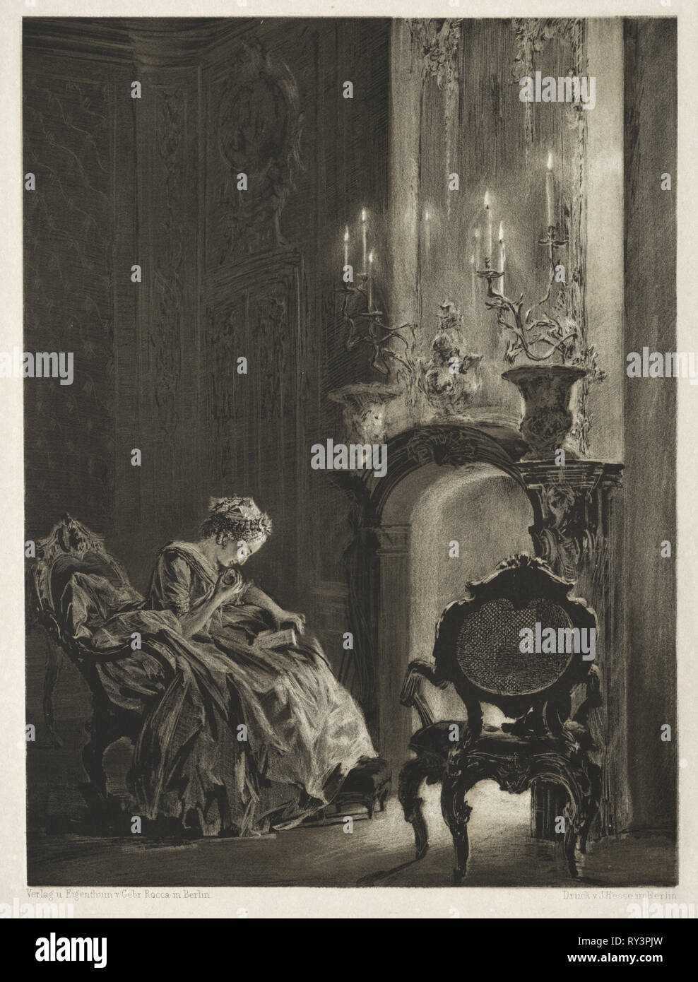 Essay on Stone with Brush and Scraper:  Woman Reading at the Fireside, 1851. Adolph von Menzel (German, 1815-1905). Lithograph Stock Photo