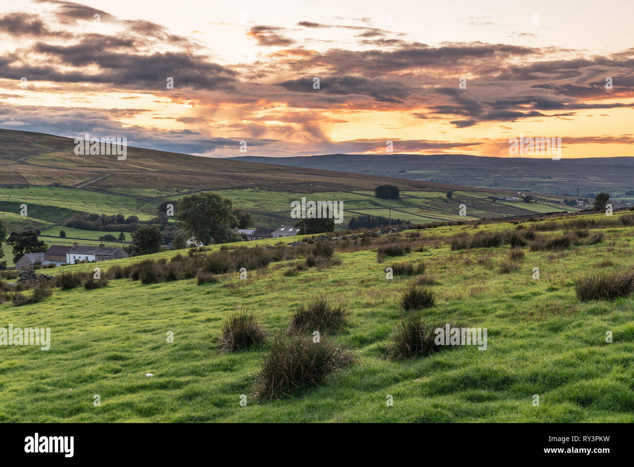 Near Garrigill, County Durham, England, UK - September 06, 2018: Evening sun over the North Pennines landscape between Garrigill and Harwood Stock Photo