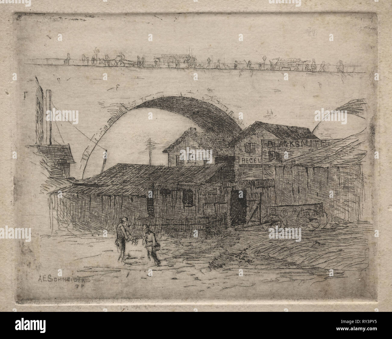 Old Superior Street Viaduct, Cleveland, 1887. Arthur E. Schneider. Etching Stock Photo