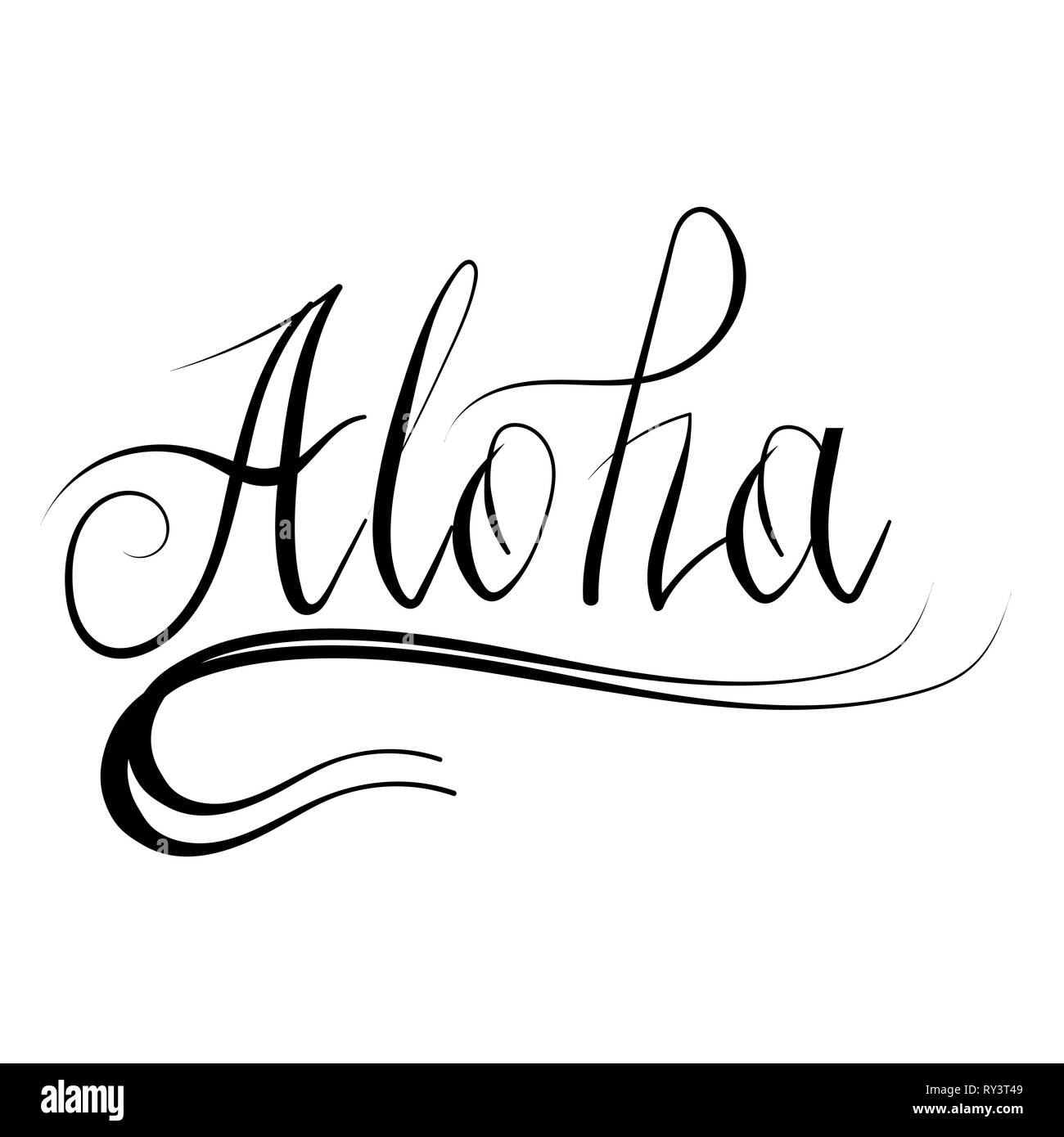 Lettering AlohaText. Hand Sketched Vacation Typography Sign for Badge, Icon, Banner, Tag, Illustration, Postcard Stock Vector