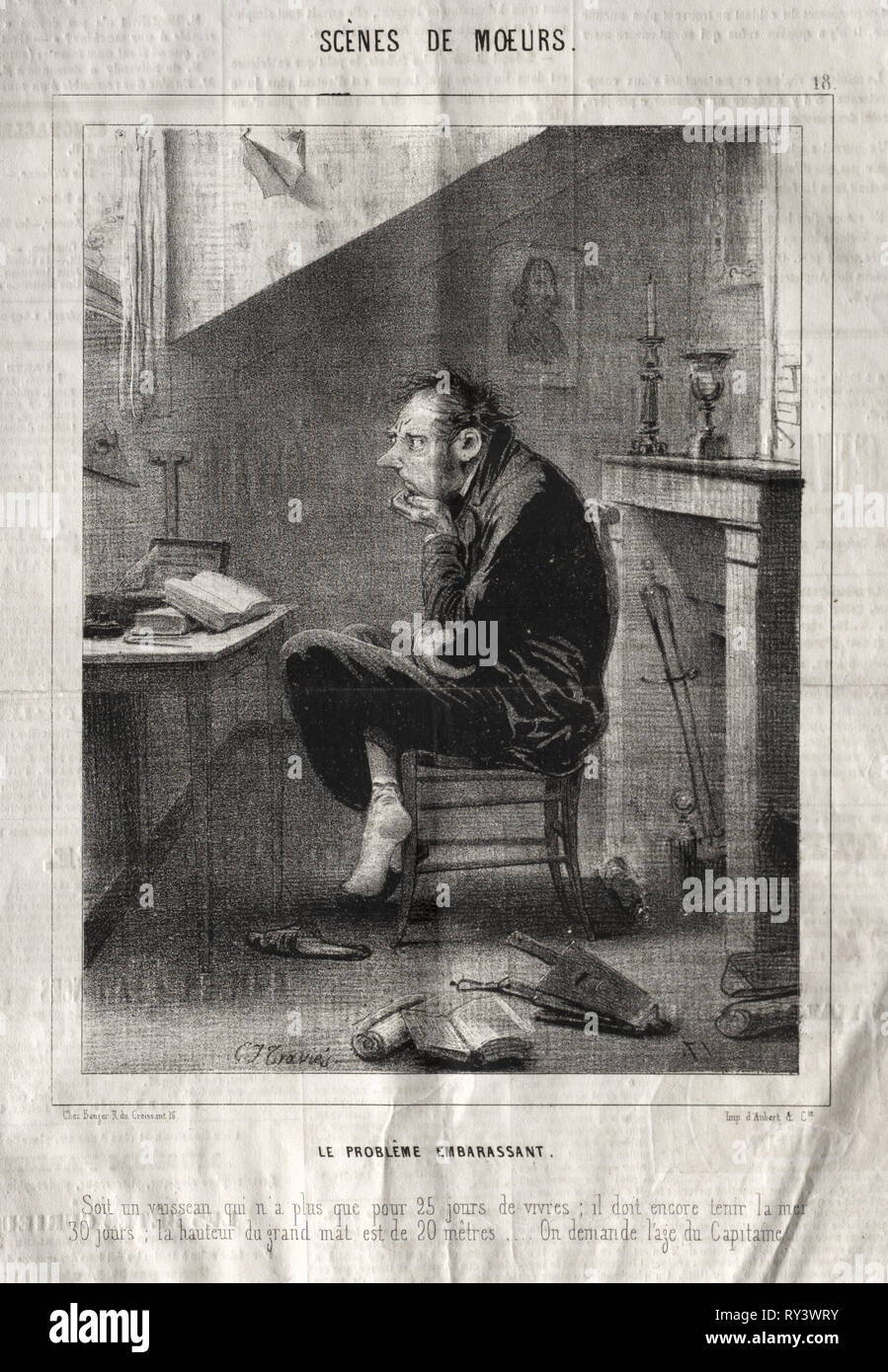 Scènes de Moeurs:  Le Problême embarassant.... Charles Joseph Traviès de Villers (French, 1804-1859). Lithograph Stock Photo