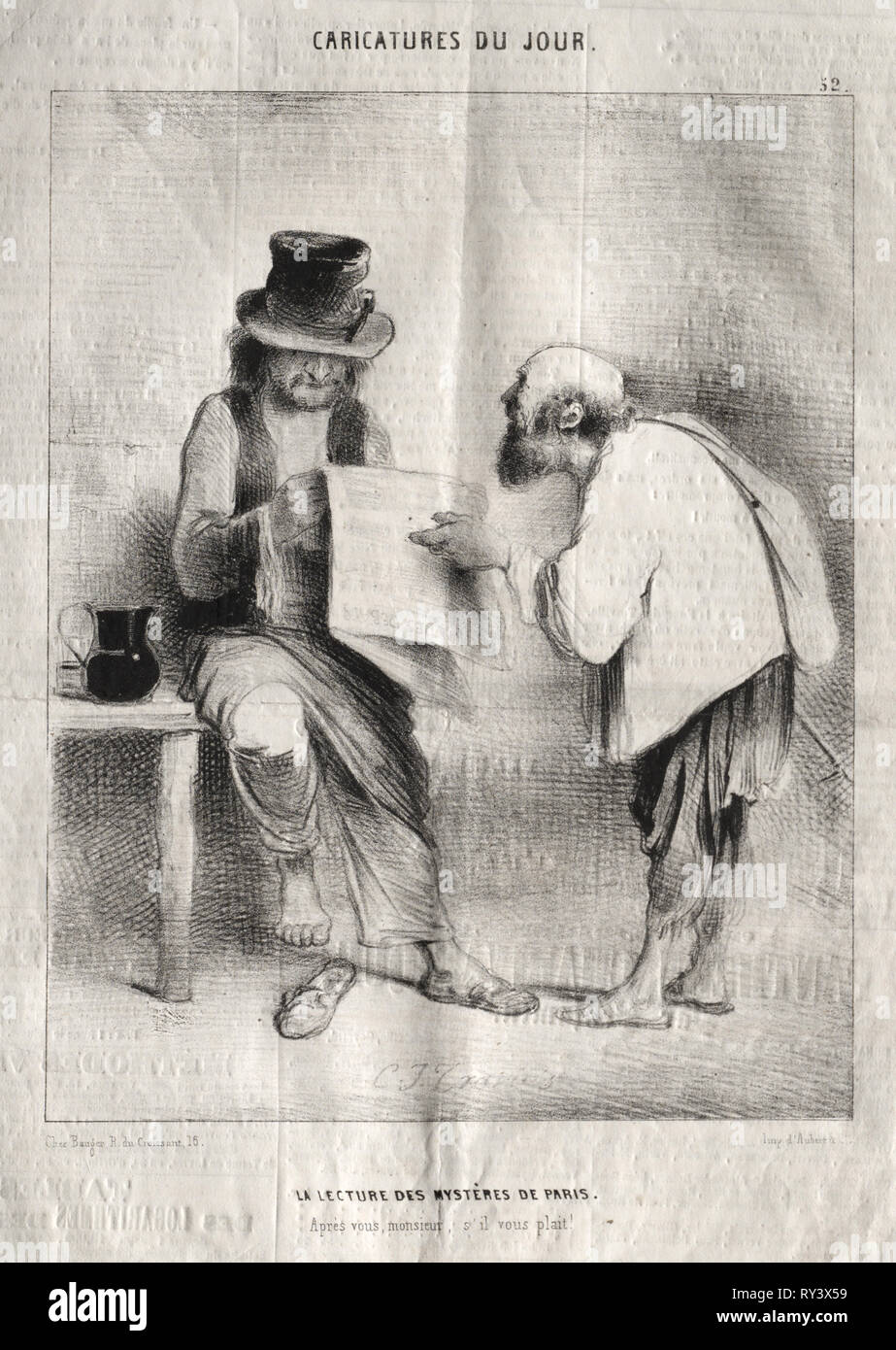 Caricatures du jour:  La Lecture des mystères de Paris. Charles Joseph Traviès de Villers (French, 1804-1859). Lithograph Stock Photo