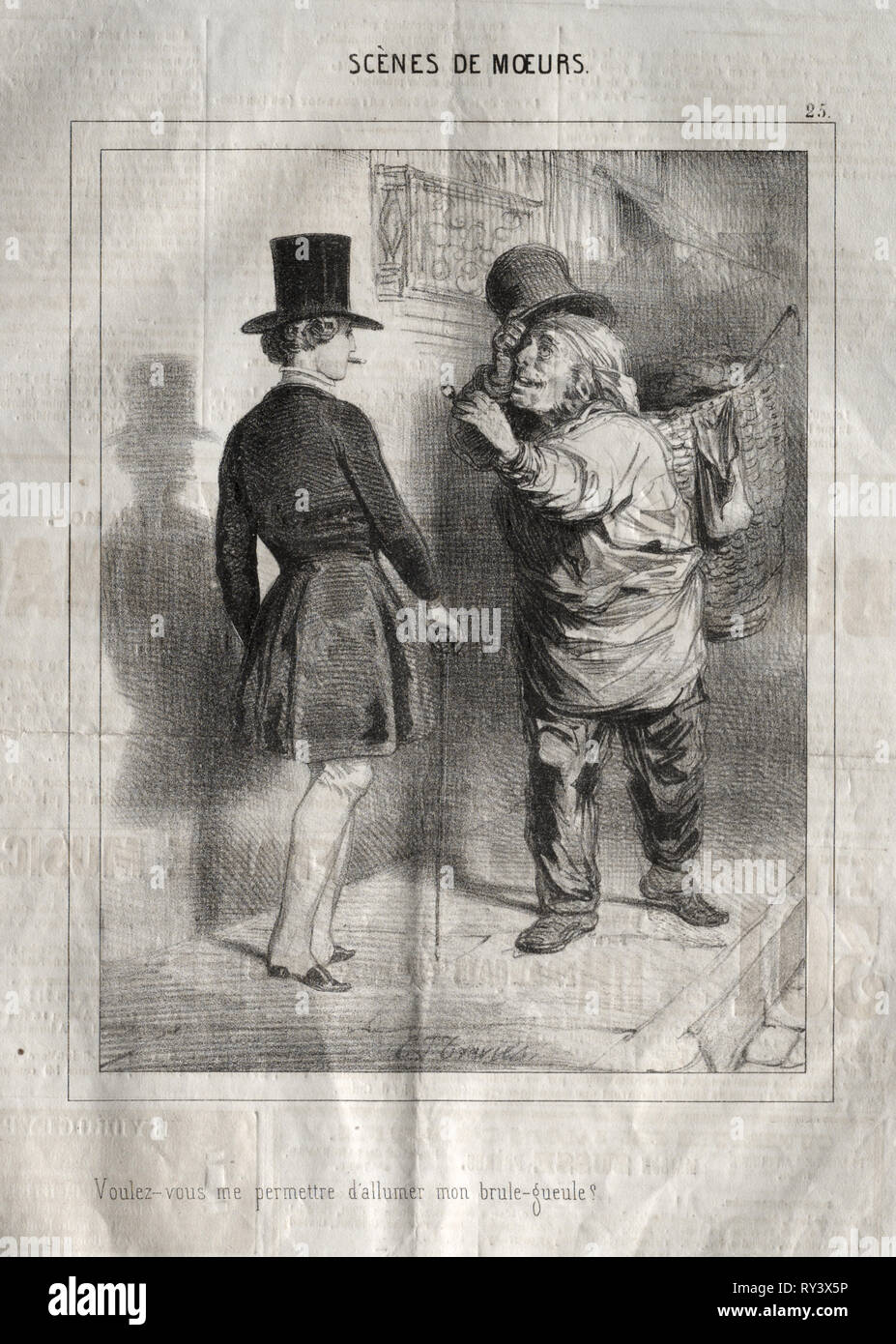 Scènes de Moeurs:  Voulez-vous me permettre d'allumer mon brule-gueule?. Charles Joseph Traviès de Villers (French, 1804-1859). Lithograph Stock Photo