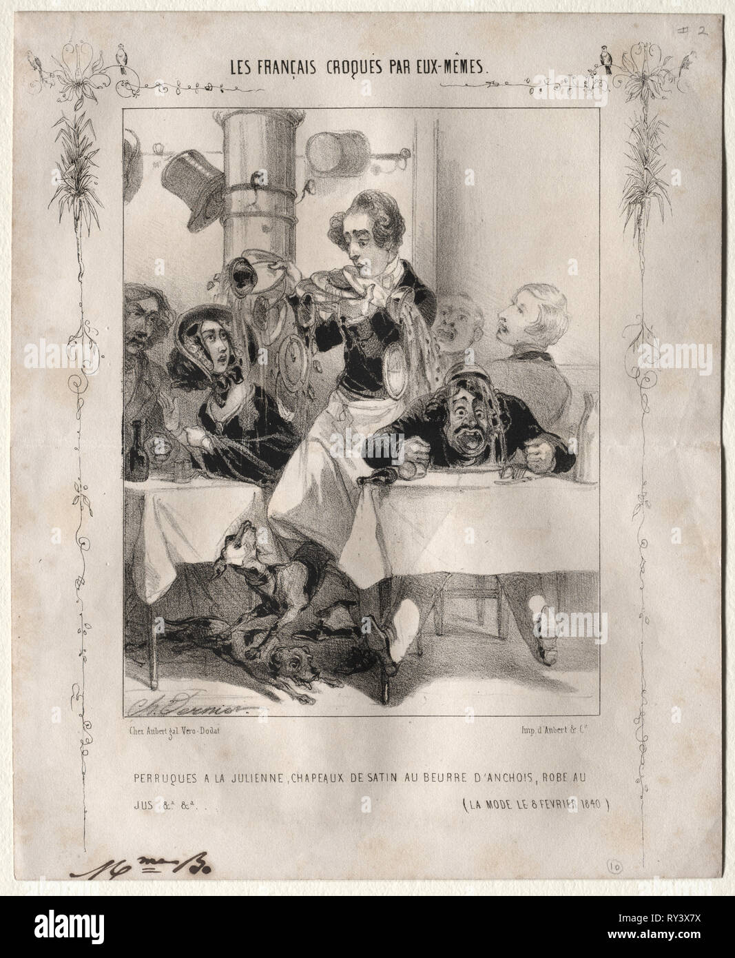 Les Français croquès par eux-mêmes:  Perruques a la Julienne, Chapeaux de satin au beurre d'anchois, robe au jus, 1840. Charles Vernier (French, 1831-1887). Lithograph Stock Photo