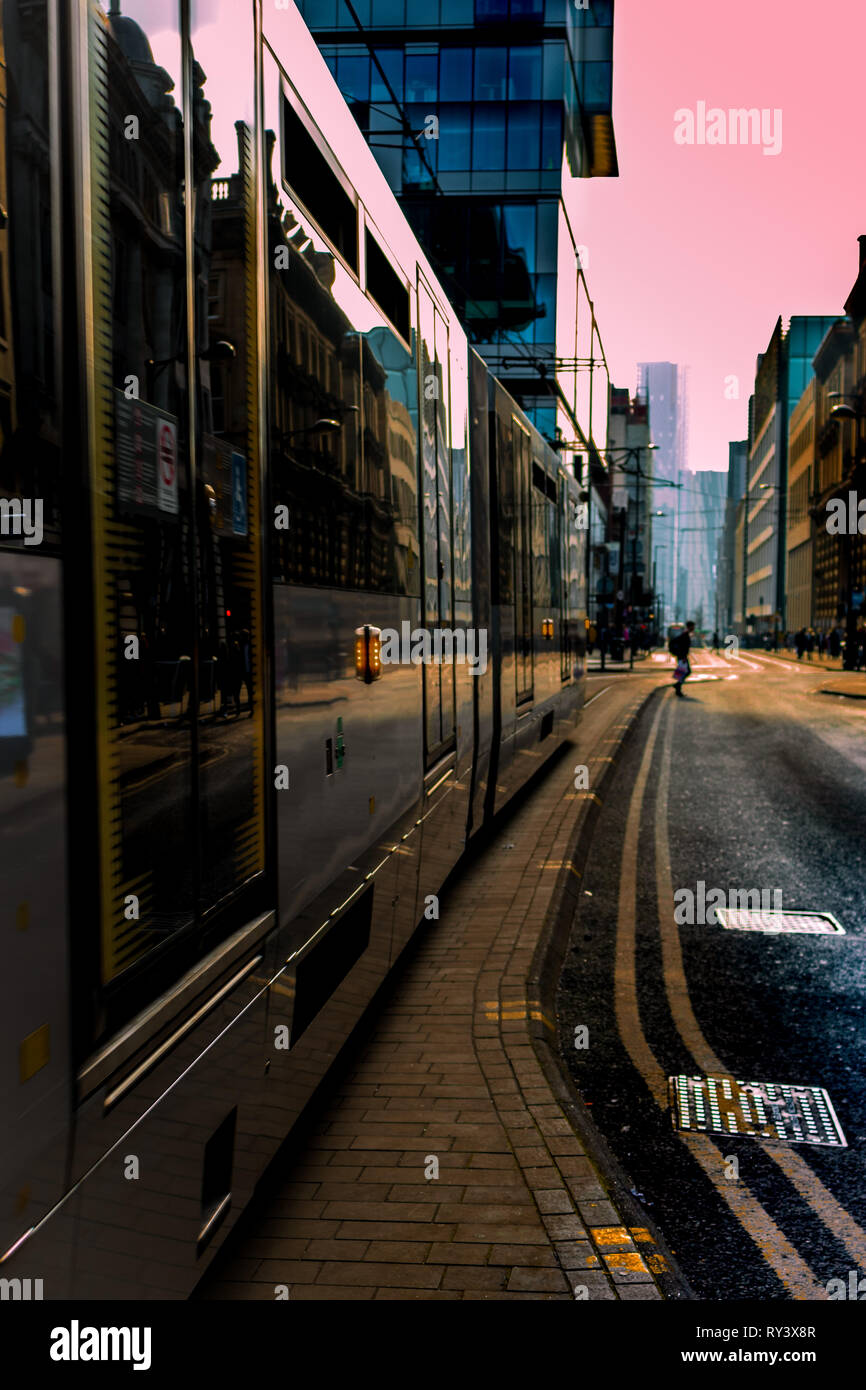 Bus heading towards you in Manchester England Stock Photo